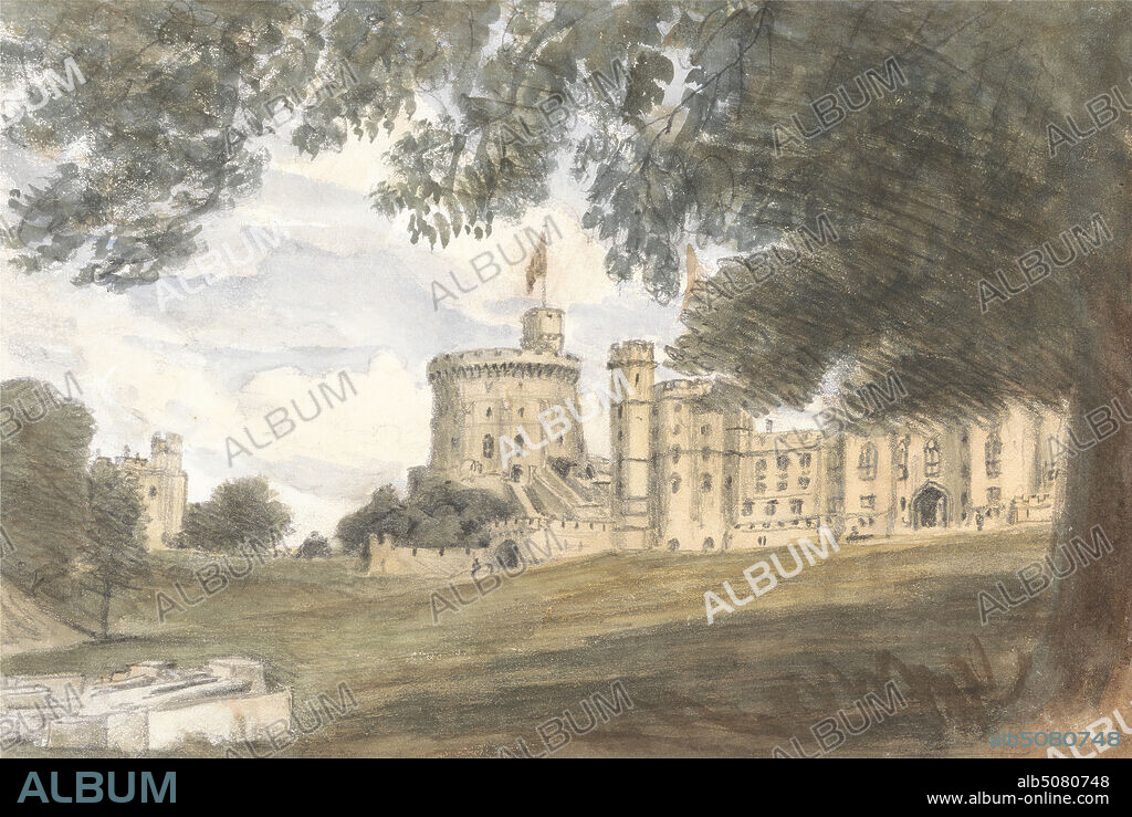Windsor Castle View - King George IV Gate and the Round Tower, July 28, 1832, 11:30 am, Dr. William Crotch, 17751847, 1832, Graphite and watercolor on medium, smooth, blued white, laid paper, Mount: 10 3/8 × 12 3/8 inches (26.4 × 31.4 cm), Contemporary drawn border: 6 1/8 × 8 5/8 inches (15.6 × 21.9 cm), and Sheet: 5 5/16 × 7 15/16 inches (13.5 × 20.2 cm), architectural subject.