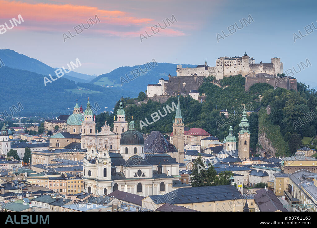 View of Hohensalzburg Castle above The Old City, UNESCO World Heritage Site, Salzburg, Austria, Europe.