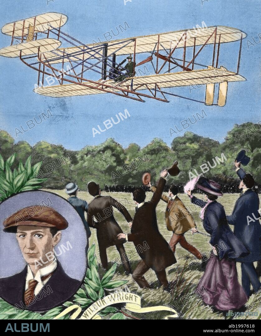 Wilbur Wright (1867-1912). American aviator. With his brother is credited with inventing and building the world's first successful airplane. Plane flying over the field Anvours (France) at a speed of 80 km / h. 1908. Colored engraving.