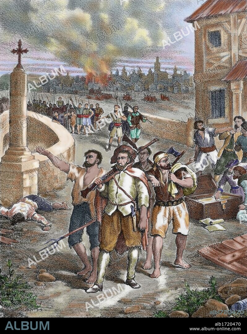 LAS GERMANIAS DE VALENCIA. Movimiento de sublevación de los artesanos y burgueses de la ciudad de Valencia, entre 1519 y1523, que surgió como una reacción frente a la nobleza. "DEPLORABLES EXCESOS DE LOS AGERMANADOS DE VALENCIA". Grabado coloreado del siglo XIX.