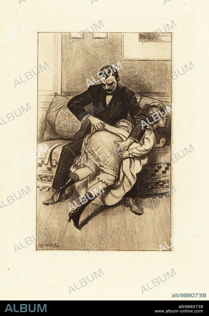 Victorian man in formal wear lifting a girl's petticoats to reveal her bloomers before a spanking. A leather strap lies on the sofa. Originally published in the Victorian spanking novel The Memoirs of Dolly Morton by Hugues Rebell (George Grassal), published by Charles Carrington in 1899. Photogravure after an illustration by Louis Malteste from Jacques dIcys Qui Aime Bien ou la flagellation dans la vie moderne, Jean Fort, Paris, 1912.