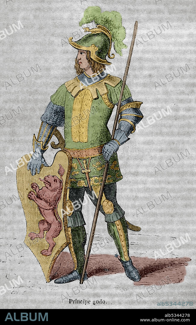 Hispania Visigoda. Príncipe Godo. Grabado coloreado. Historia General de España por el padre Mariana. Madrid, 1852.