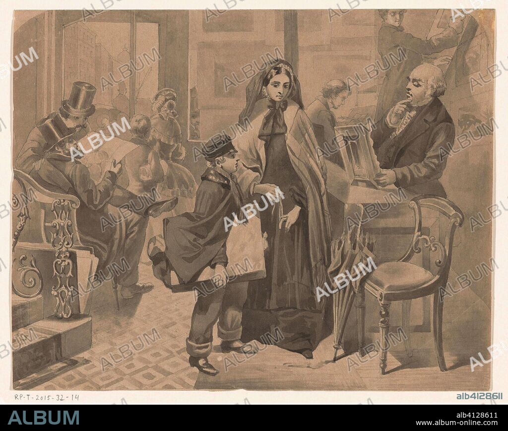 Mother and son at an art dealer. Draughtsman: anonymous. After Emily Mary Osborn. Dating: in or after 1857 - c. 1900. Measurements: h 202 mm × w 254 mm.