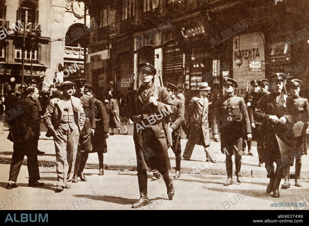 Police patrolling the streets of Madrid during the 1934 General Strike. The Revolution of 1934, also known as the Revolution of October 1934 or the Revolutionary General Strike of 1934, was a revolutionary strike movement that took place between 5 and 19 October 1934, during the black biennium of the Second Spanish Republic. The strikes were triggered by the entry of the conservative Spanish Confederation of the Autonomous Right (CEDA) into the Spanish government. Most of the events occurred in Catalonia and Asturias and were supported by many Spanish Socialist Workers' Party (PSOE) and General Union of Workers (UGT) members.