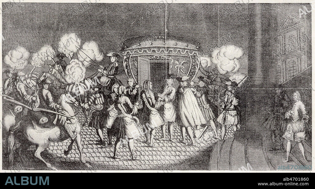 Attentat du domestique DAMIENS contre Louis XV, le 5 janvier 1757. Gravure du temps. Credit Collection Kharbine Tapabor.
