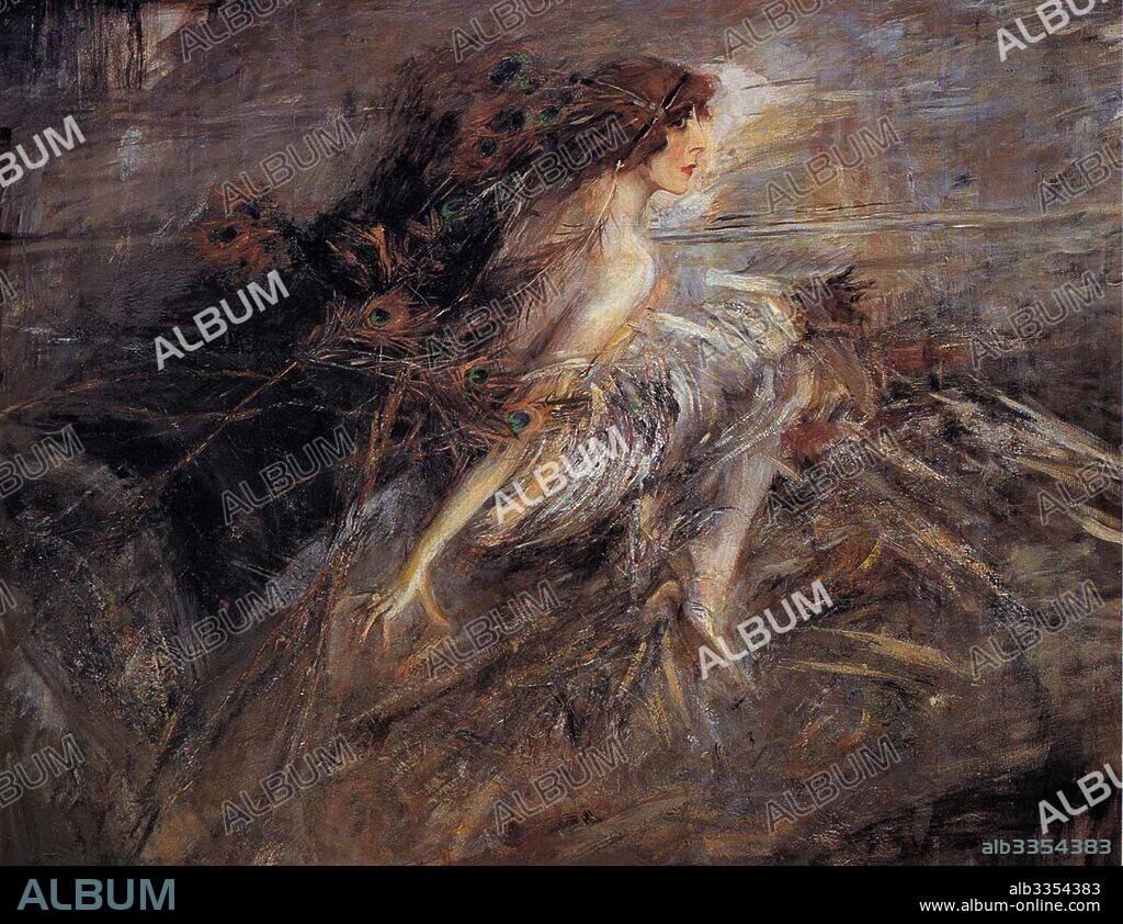 GIOVANNI BOLDINI. Portrait of the Marquise with peacock pens.