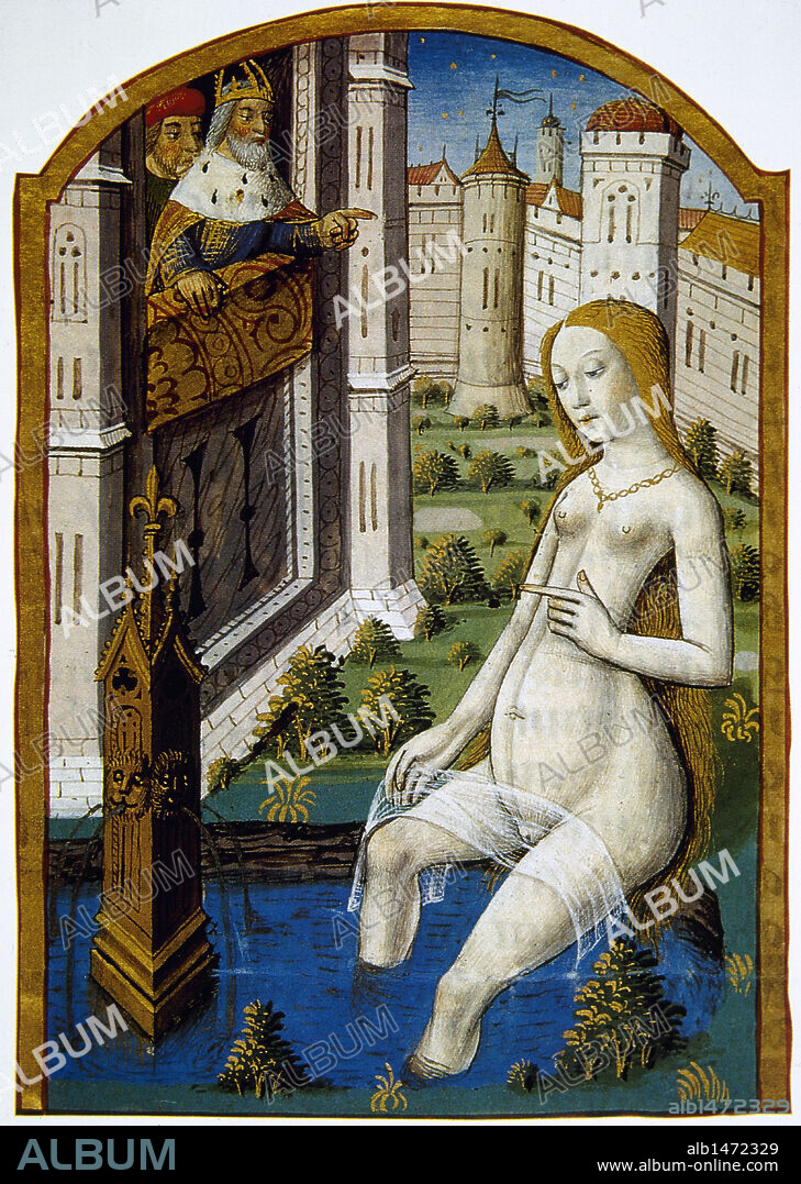 Old Testament. Bathsheba bathing, watched by King David. Miniature. Book of hours. 15th century. Chantilly castle. France.