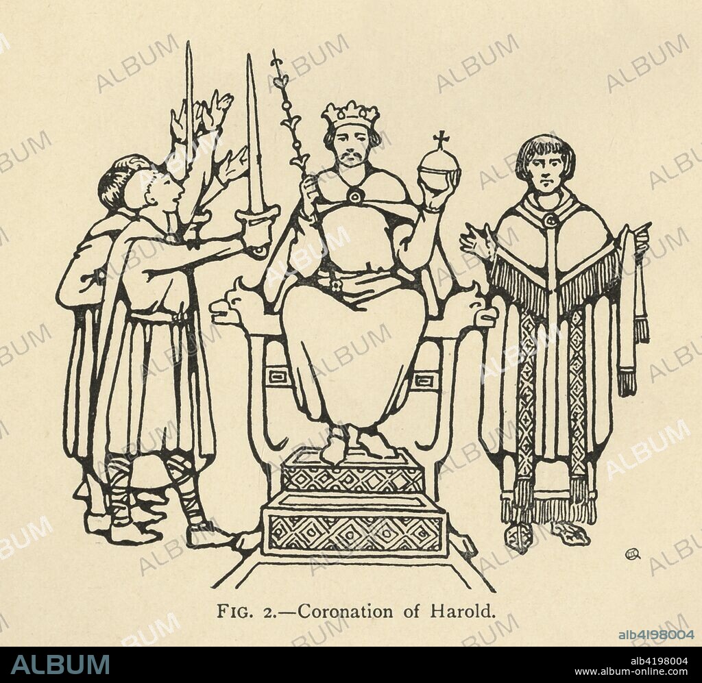 'Coronation of Harold', (1931). Harold Godwinson (c1022-1066) was the last crowned Anglo-Saxon king of England. He died at the Battle of Hastings in 1066, fighting the Norman invaders led by William the Conqueror. Illustration from A History of Everyday Things in England - Done in two parts of which this is the first - 1066-1499, by Marjorie and C. D. B. Quennell. [B. T. Batsford, London, 1931].