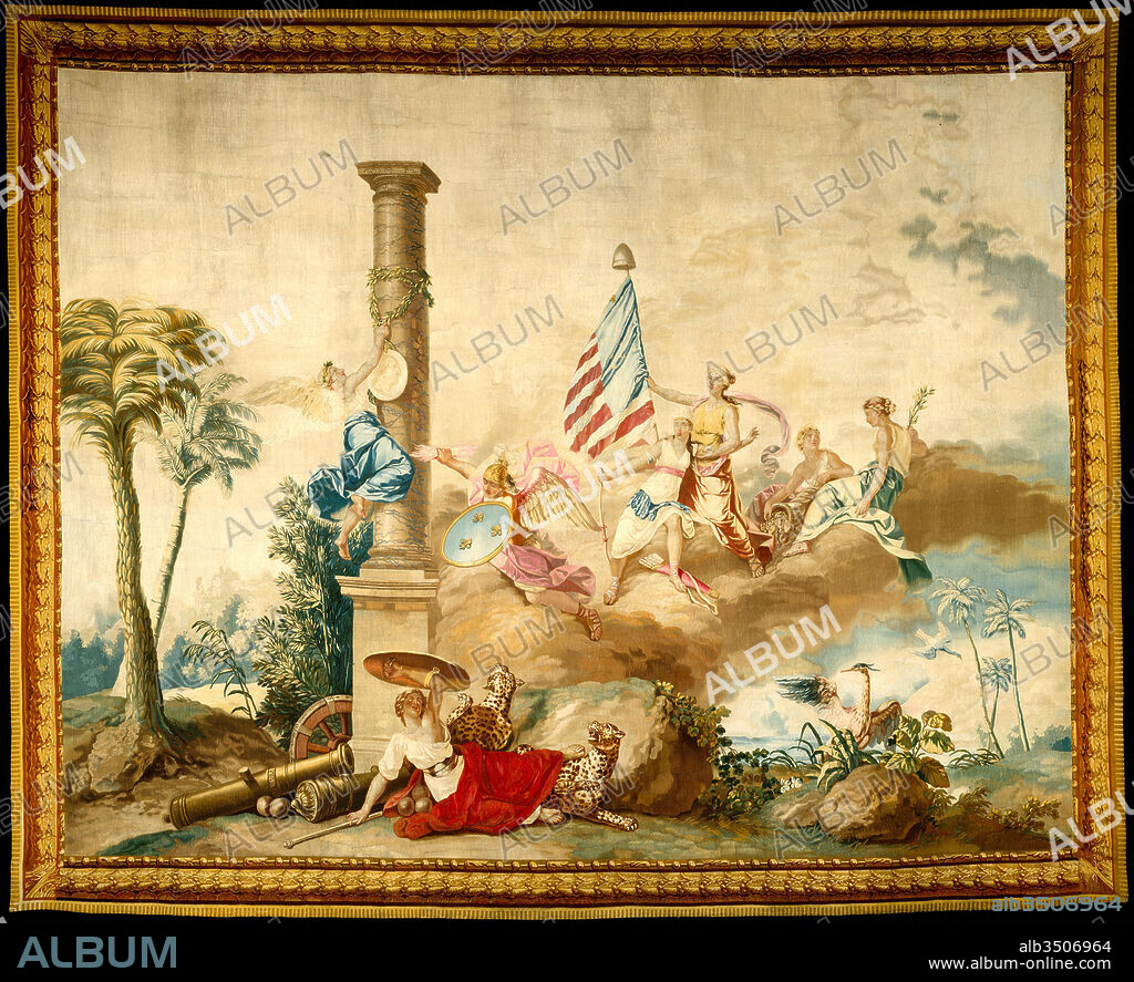 America from a set of The Four Continents, Workshop of de Menou (French, active 1780–93), designed ca. 1786, woven 1790–91, French, Beauvais, Wool, silk (19-21 warps per inch, 8 per cm.), H. 144 x W. 180 inches (365.8 x 457.2 cm), Textiles-Tapestries, Workshop of de Menou (French, active 1780–93), Commissioned by Louis XVI, this piece belongs to a set of four wall hangings and fifty-six pieces of furniture upholstery depicting the four continents: America, Europe, Asia, and Africa.