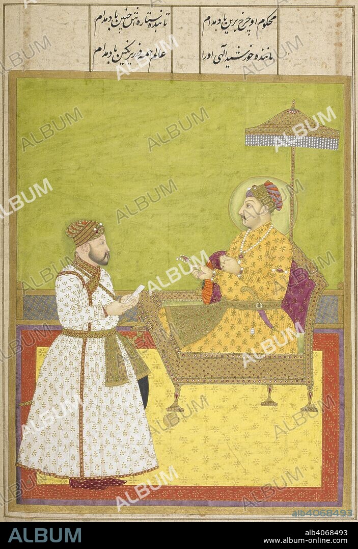 GOVARDHAN and RAI ANAND RAM MUKHLIS. A portrait of the Mughal emperor Muhammad Shah with his â€˜vazir' Itimad ud-Daula Qamaruddin Khan (d.1748). A manuscript of the romance in Persian â€˜Karnama~i-ishqâ€™ by Rai Anand Ram Mukhlis, written by the scribe Harkulall. c.1735. Opaque watercolour. Source: J.38, f.7v. Language: Persian.
