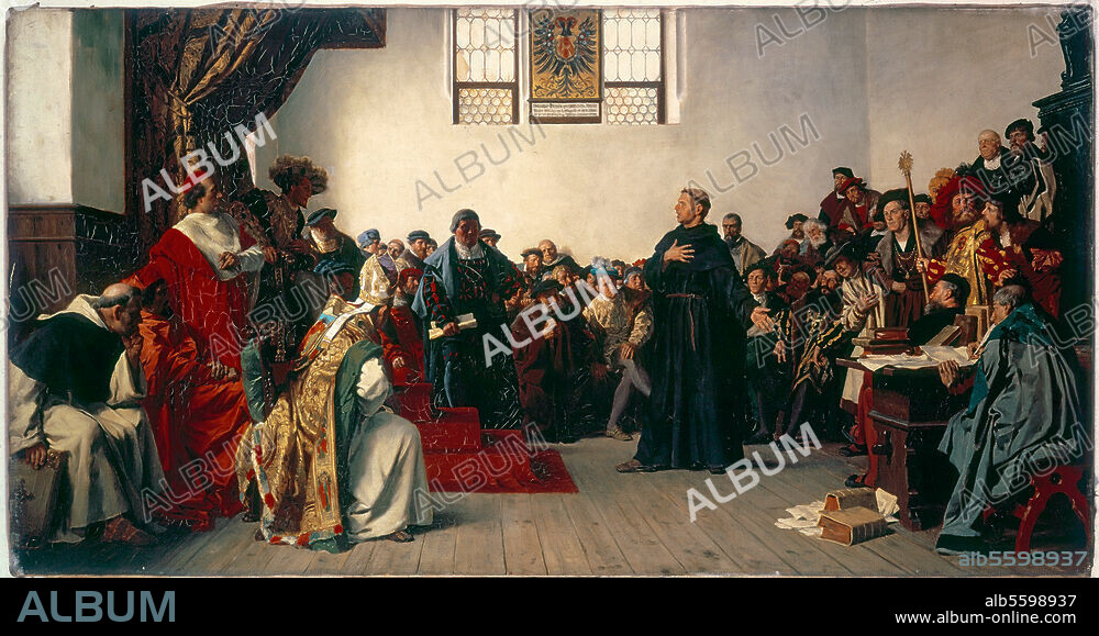 Luther, Martin; Reformator; 1483-1546. - "Luther auf dem Reichstag zu Worms". (17/18. April 1521). Gemälde von Anton von Werner (1843-1915). Stuttgart, Staatsgalerie.