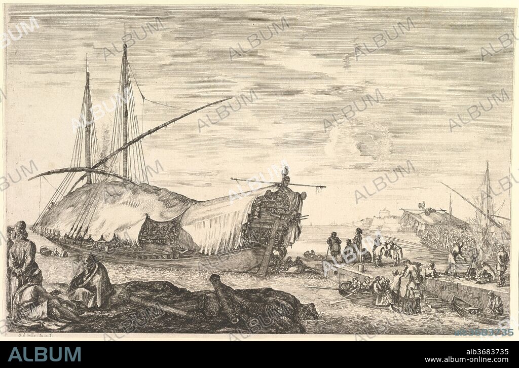 A galley covered in sails to left, six cannons and four people to left in foreground, one man seated at far left smoking a pipe, a man assisting others disembarking from rowboats to right, other rowboats and ships in the background, from 'Views of the port of Livorno' (Vues du port de Livourne). Artist: Stefano della Bella (Italian, Florence 1610-1664 Florence). Dimensions: Sheet: 9 3/8 x 10 5/16 in. (23.8 x 26.2 cm). Series/Portfolio: 'Views of the port of Livorno' (Vues du port de Livourne). Date: ca. 1652-57.