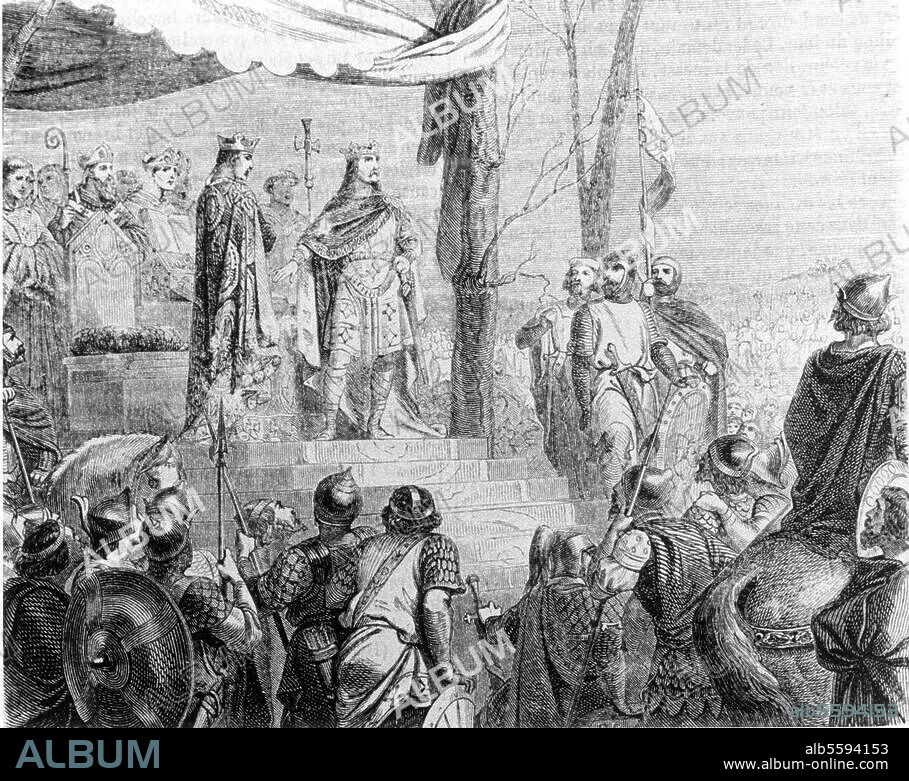 Strasbourg, 14 février 842. "Serment de Strasbourg, entre Charles et Louis, contre Lothaire". Grav. sur bois : "Histoire populaire de la France" (Ed. Charles Lahure), 1866.