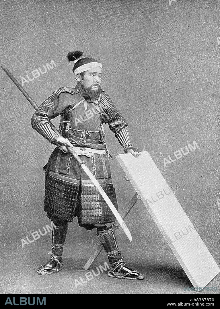 Japan: 'A Warrior with Shield'. Chemigraph from series 'Military Costumes in Old Japan' by Kazumasa Ogawa (1860-1929), 1893, Tokyo. Ogawa Kazumasa, also known as Ogawa Kazuma or Ogawa Isshin, was a Japanese photographer, chemigrapher, printer and publisher of the Meiji era. He was a pioneer in photomechanical printing and photography, and was born into the Matsudaira samurai clan, where he studied English and photography at the age of 15.