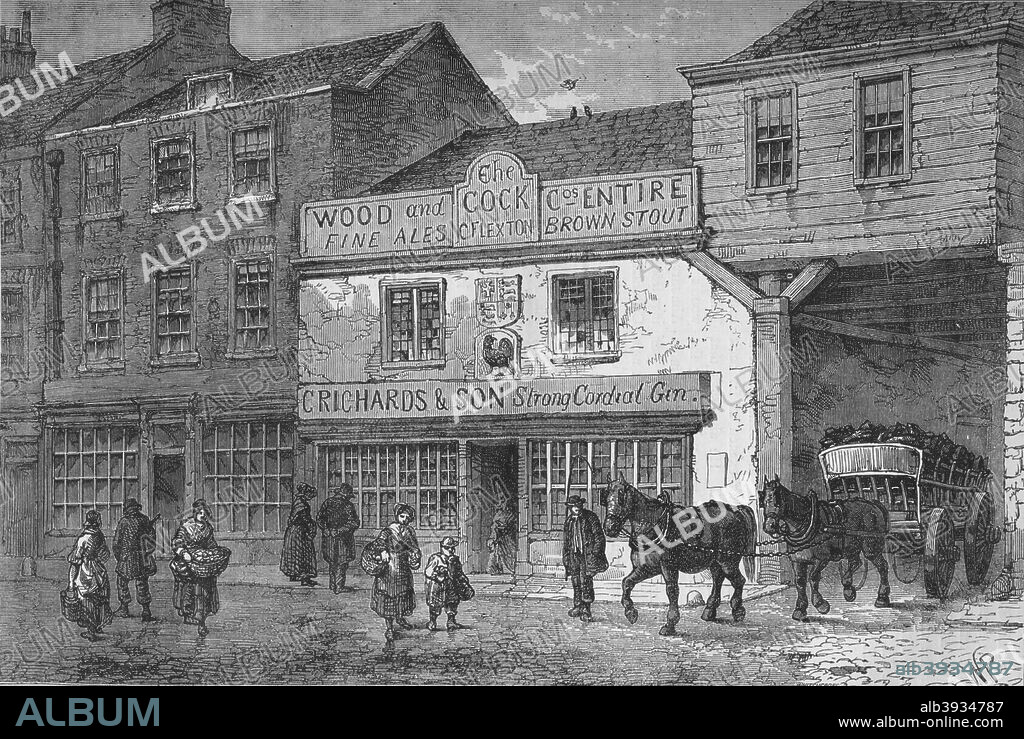 The old Cock Tavern, 4 Tothill Street, Westminster, London, 1875 (1878). The Cock Tavern was a medieval coaching inn from where stagecoaches used to depart for Oxford. From Old and New London Illustrated, Vol IV, by Edward Walford. [Cassell Petter & Galpin, London, Paris & New York, 1878].