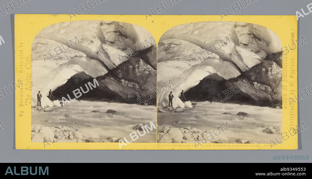 Ice cave in the Oberer Grindelwald glacier, Caverne dans le Glacier superieur a Grindelwald. Suisse. (title on object), William England (mentioned on object), Obere Grindelwaldgletsjer, c. 1850 - c. 1880, cardboard, albumen print, height 85 mm × width 170 mm.