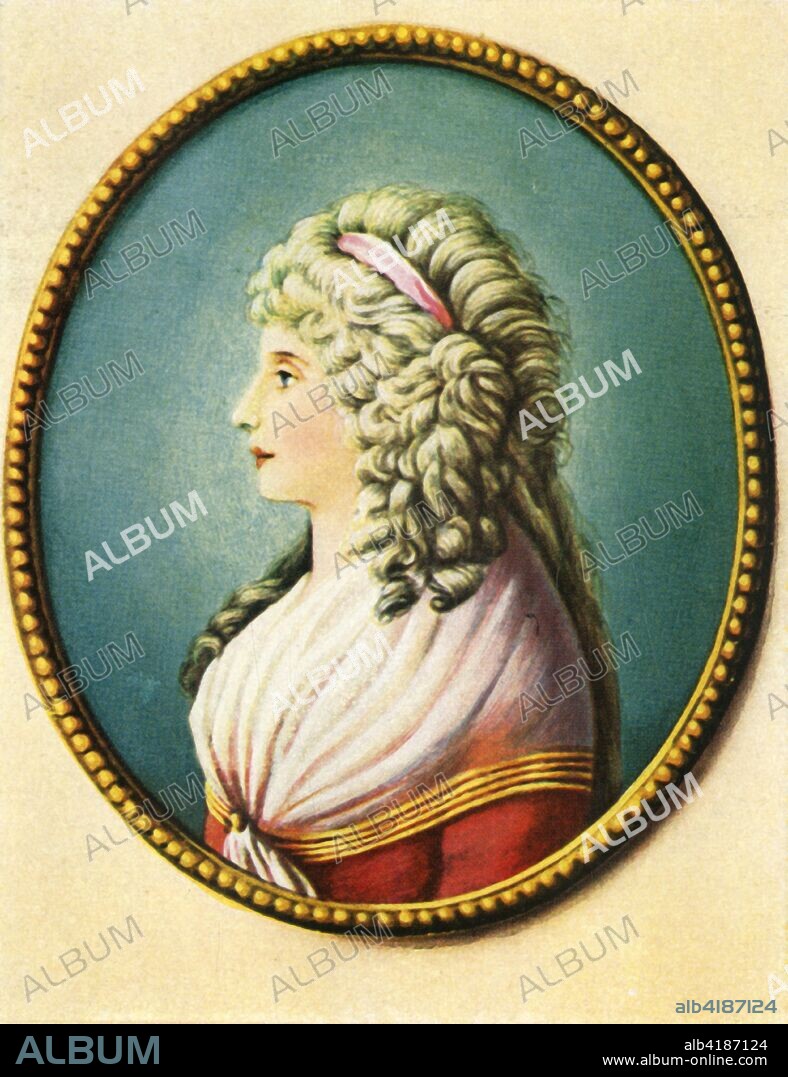 'Charlotte von Stein', (1933). Portrait of Charlotte von Stein (1742-1827), lady-in-waiting at the court in Weimar and a close friend to Friedrich Schiller and Johann Wolfgang von Goethe. After a miniature by Dora Stock. From "Gestalten Der Weltgeschichte", a book of cigarette-card portrait miniatures of figures in world history from the last four hundred years. [Germany, 1933].