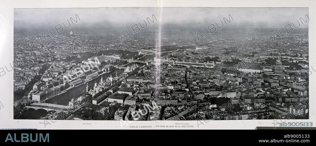 Exposition Universelle (World Fair) Paris, 1889; a black and white photograph of an aerial view taken from atop the Eiffel Tower.