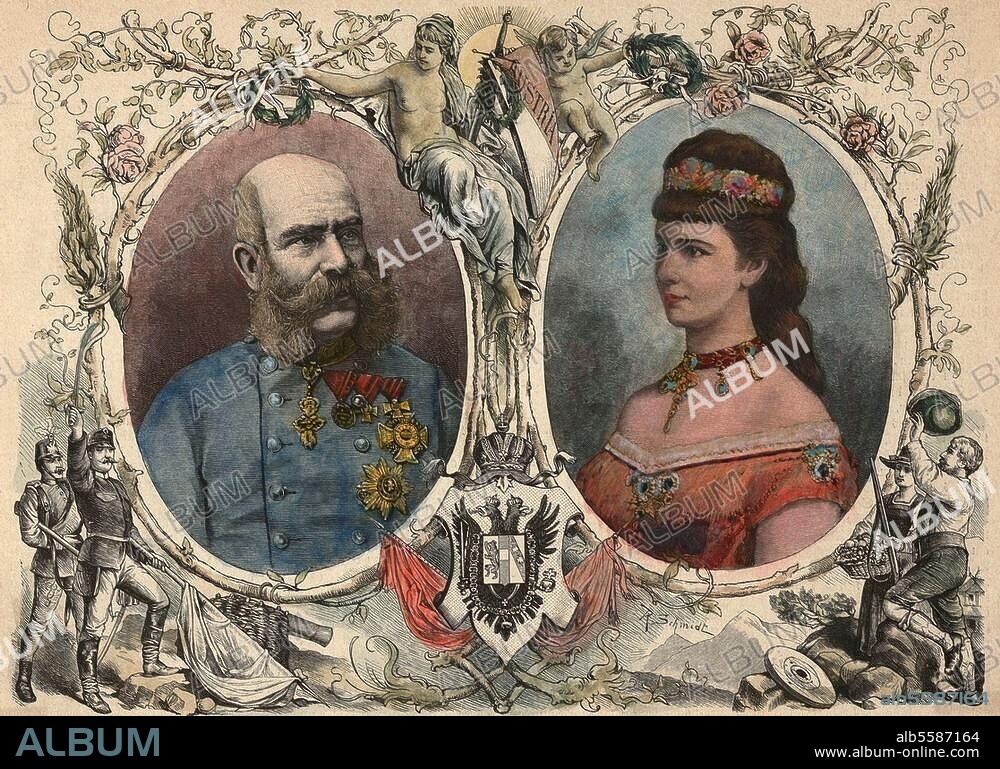 Franz Joseph I., Kaiser v. Österreich. (1848-1916) u. König v. Ungarn (1867-1916). Schönbrunn 18.8.1830 - ebd. 21.11.1916. "Kaiser Franz Josef I. und Kaiserin Elisabeth von Österreich. Ein Jubiläumsblatt". Holzstich, koloriert, nach R. Schmidt. Aus: Über Land und Meer, 31. Jg, 1888/89, Nr. 9.