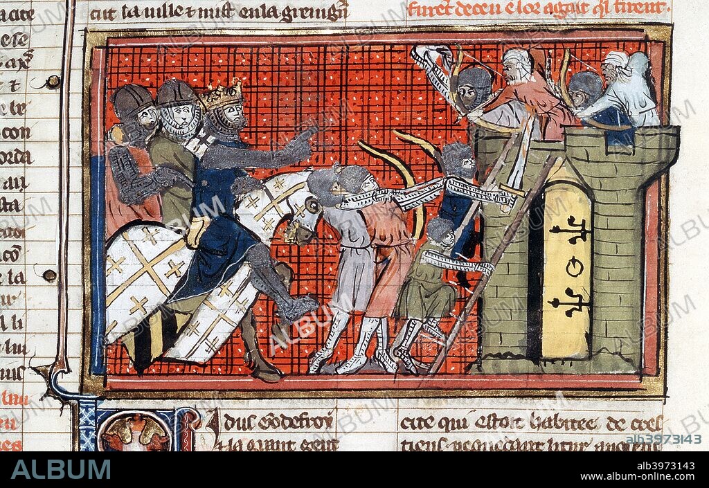 Siege of a town led by Godefroy de Bouillon, c1099, (14th century). Siege during the 1st Crusade (1095-099), showing Saracens firing arrows at Crusaders as they attempt to scale the walls with ladders under cover of their own longbowmen. Godfrey de Bouillon (c1060-1100) led the 1st Crusade which captured Jerusalem in 1099. He was elected the first king of Jerusalem. Illuminated manuscript illustration from the Roman de Godefroy de Bouillon (The Story of Godfrey de Bouillon), Bibliotheque Nationale, Paris.