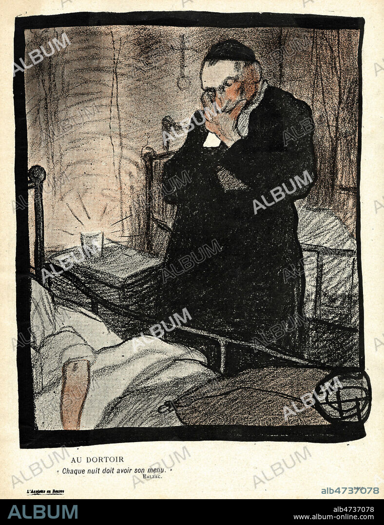 'Au dortoir. Chaque nuit doit avoir son menu' : un pretre va abuser d'un jeune homme ou d'un enfant. Illustration par GEO-DUPUIS (1874-1932) pour L'Assiette au Beurre du 16 janvier 1904, numero intitule 'Les dames n'entrent pas ici'. Credit : Collection KHARBINE-TAPABOR.