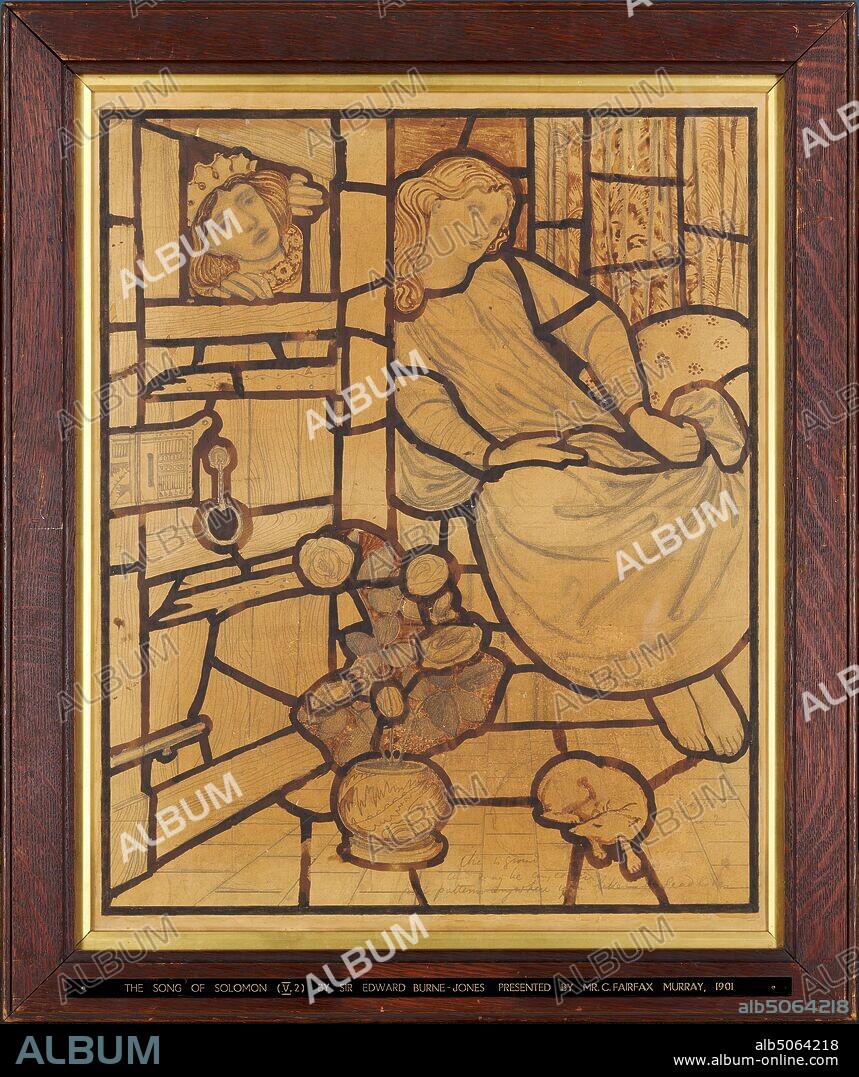 The Song of Solomon, 'I Sleep, but my Heart waketh', 1862 Sir Edward Burne-Jones (d.1898), Design for St Helen's Church, Darley Dale, Derbyshire, Art Movement, Pre-Raphaelite, 19th Century, Ink, Pencil, Flower, Animal, Dog, Female, Male, crown, Seated, Religion, Old Testament, Works on Paper.
