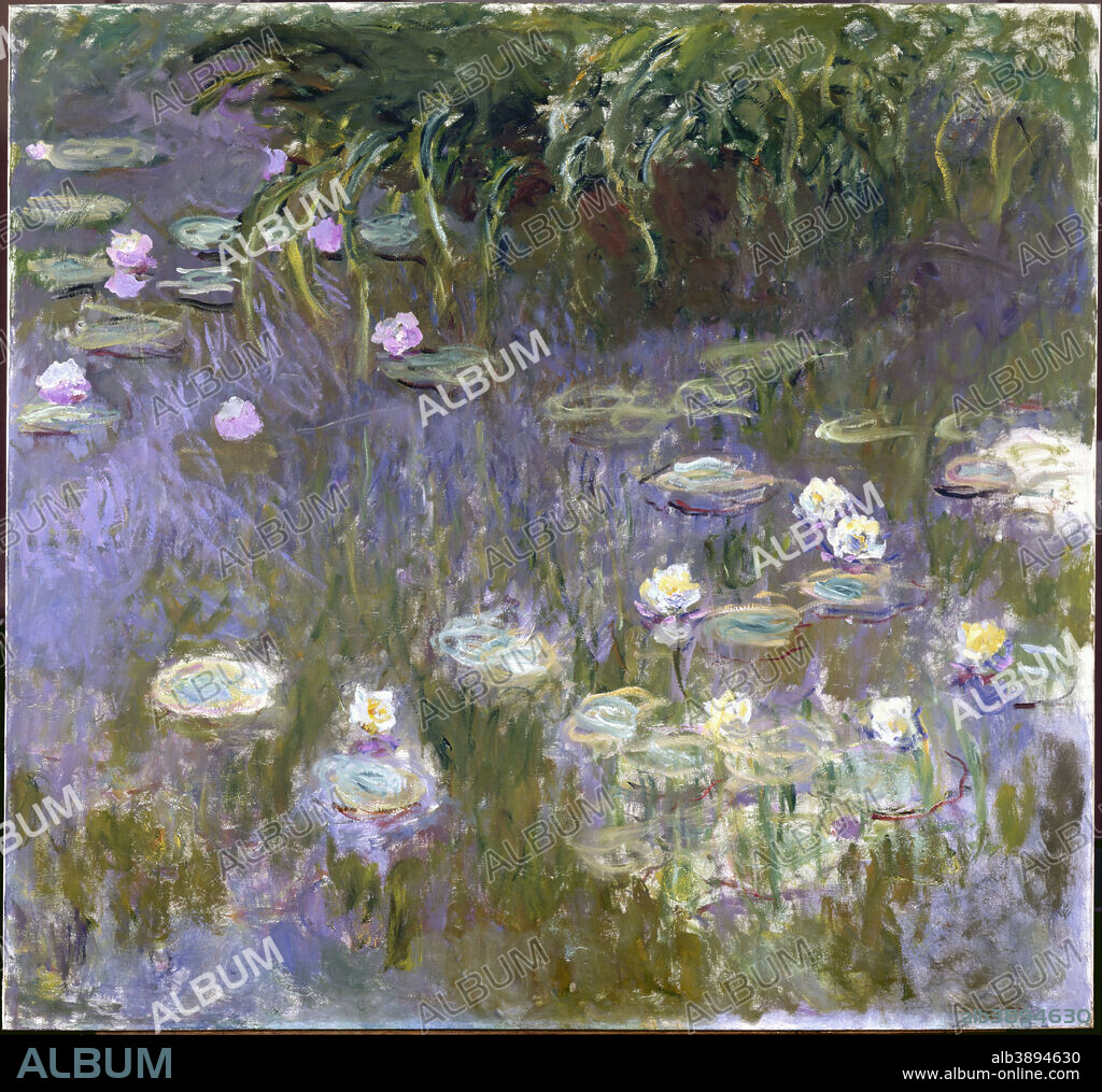 CLAUDE MONET. Water Lilies. Date/Period: 1922. Painting. Oil on canvas. Height: 2,007 mm (79.01 in); Width: 2,133 mm (83.97 in).