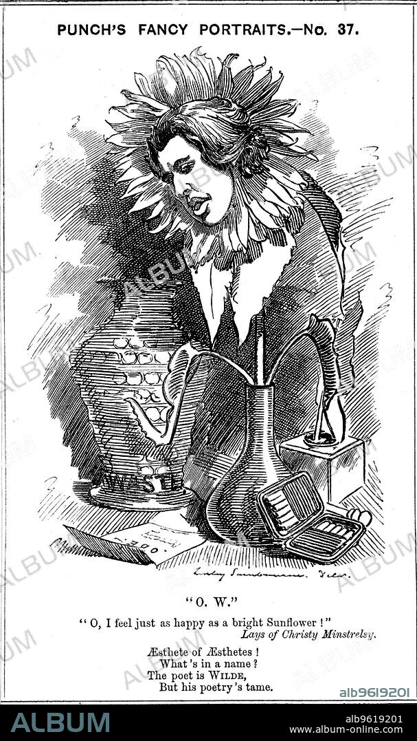 EDWARD LINLEY SAMBOURNE. Oscar Wilde, Irish playwright, novelist, poet and wit, 1881. Cartoon of Oscar Wilde (1854-1900) in the 'Fancy Portraits' series from Punch. (London, 25 June 1881).