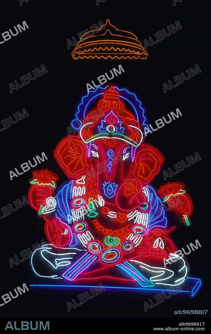 Lord Ganesha ganpati made by neon light at night - Pune - Maharashtra - India.