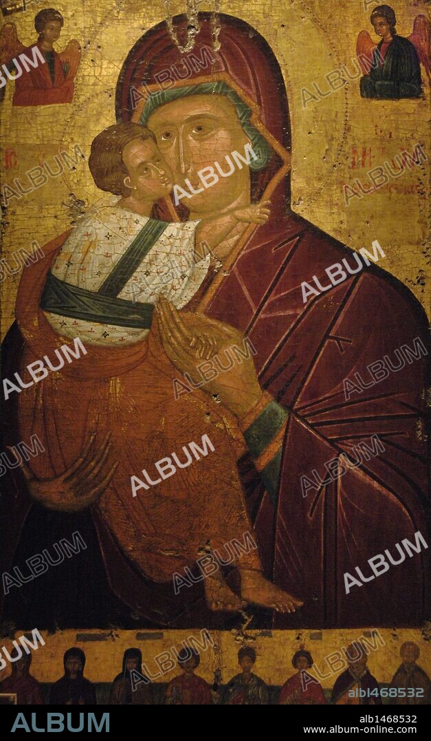 ARTE BIZANTINO. GRECIA. ICONO de doble cara con la VIRGEN DE LA TERNURA (GLYKOPHILOUSA) Y SANTOS en la parte delantera y la crucifixión en la trasera. Fechado en el siglo XV. Realizado por el taller de Rodas. Museo Bizantino. Atenas.