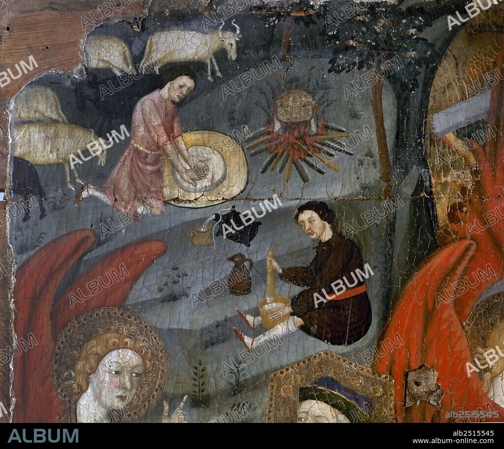 ARTE GOTICO. ESPAÑA. SIGLO XIV. "LA ANUNCIACION A SAN JOAQUIN Y SANTA ANA". Pintura sobre madera, atribuída a Guillem Ferrer (antiguo MAESTRO DE TORA). Datada entre 1390-1400. Detalle de los pastores elaborando queso y mantequilla. Obra procedente de Torà (Provincia de Lleida). Museu Nacional d'Art de Catalunya. Barcelona.
