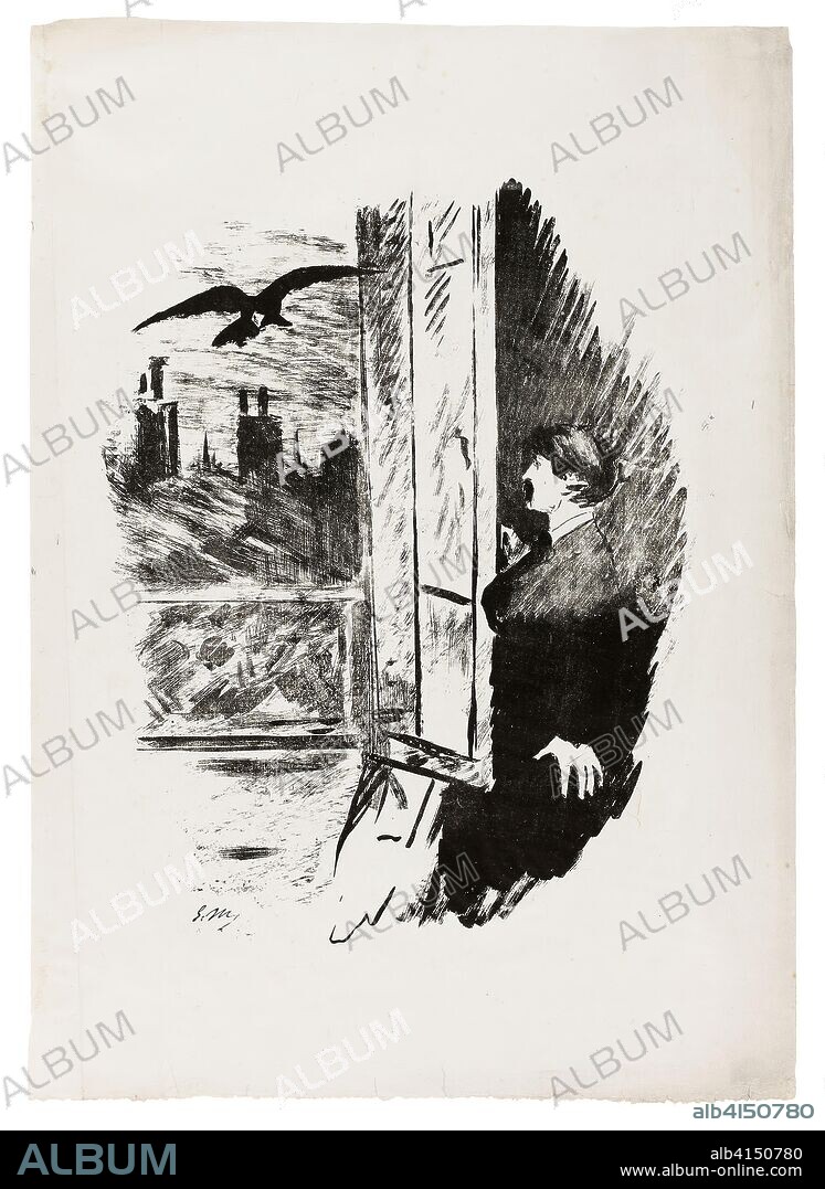 EDOUARD MANET. At the window ("Open here I flung the shutter..."), from The Raven (Le Corbeau). Édouard Manet (French, 1832-1883); written by Edgar Allan Poe (American, 1809-1849); translated and produced by Stéphane Mallarmé (French, 1842-1898); printed by Lefman et Cie. (French, 19th century); published by Richard Lesclide (French, 1825-1892). Date: 1875. Dimensions: 387 × 315 mm (image); 551 × 390 mm (sheet). Transfer lithograph in black on gray China paper. Origin: France.