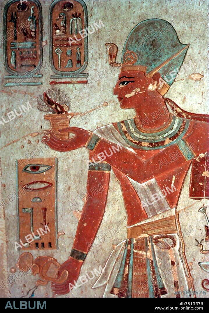 Painted relief of Ramses III offering incense, Valley of the Kings. Usimare Ramesses III was the second Pharaoh of the 20th Dynasty and is considered to be the last New Kingdom king to wield any substantial authority over Egypt. His long reign saw the decline of Egyptian political and economic power, linked to a series of invasions and internal economic problems. Ramesses III was the son of Setnakhte and Queen Tiy-Merenese. He began the reconstruction of the Temple of Khonsu at Karnak from the foundations of an earlier temple of Amenhotep III and completed the Temple of Medinet Habu around his Year 12. He decorated the walls of his Medinet Habu temple with scenes of his Naval and Land battles against the Sea Peoples. This monument stands today as one of the best-preserved temples of the New Kingdom. He was murdered by an assassin in a conspiracy led by one of his secondary wives, Tiye, and her son Pentaweret.