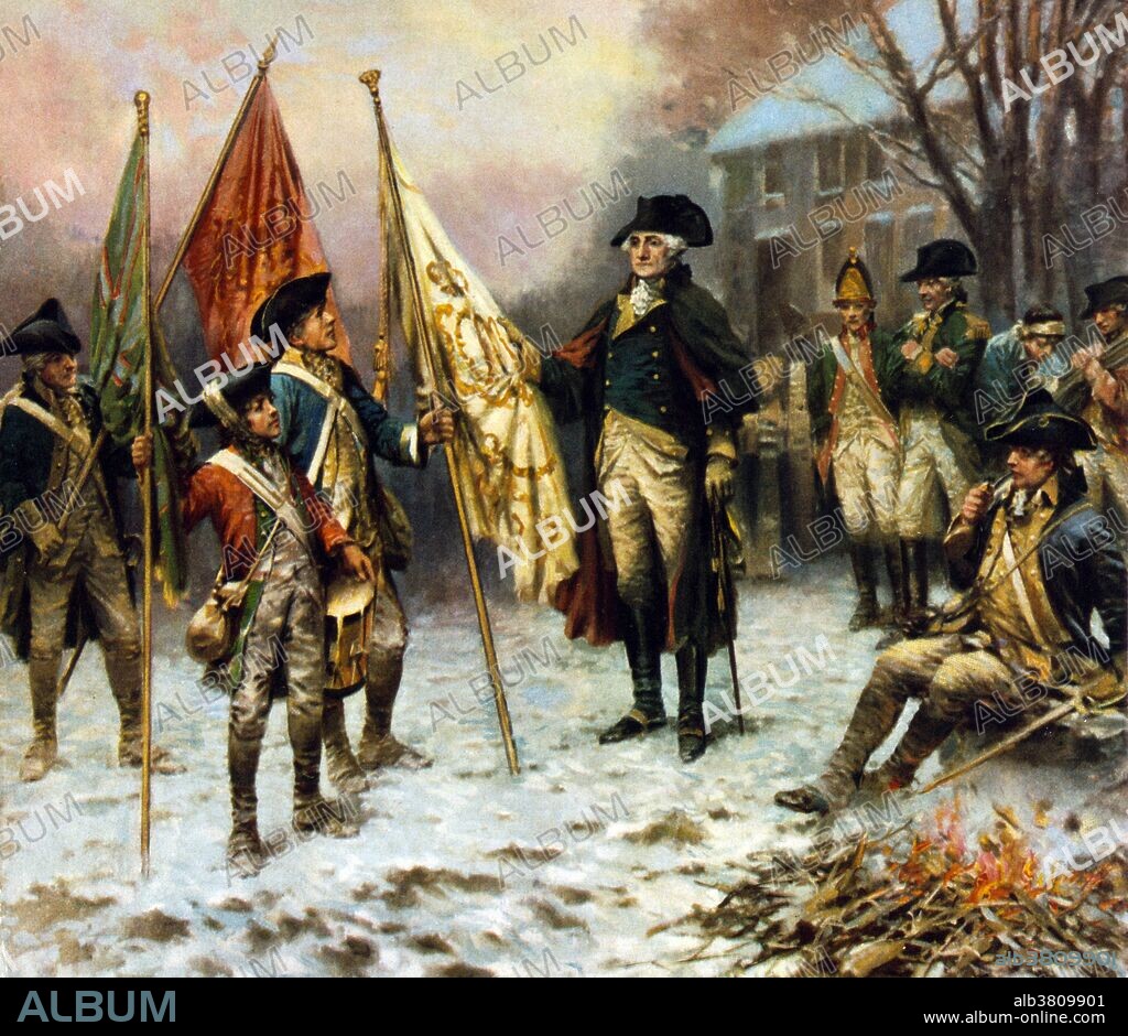 Entitled: "Washington inspecting the captured colors after the battle of Trenton" shows General George Washington standing with a group of soldiers looking at the flags captured from the British during the battle of Trenton. The Battle of Trenton took place on December 26, 1776, during the American Revolutionary War, after General George Washington's crossing of the Delaware River north of Trenton, New Jersey. The hazardous crossing in adverse weather made it possible for Washington to lead the main body of the Continental Army against Hessian soldiers garrisoned at Trenton. After a brief battle, nearly the entire Hessian force was captured, with negligible losses to the Americans. The battle significantly boosted the Continental Army's flagging morale, and inspired re-enlistments. Reproduction of painting by Henry Mosler.