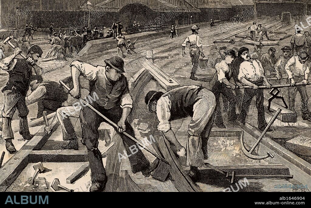 The end of broad gauge, 1892. Work in progress at Plymouth station, Devonshire, to change from broad gauge to standard gauge railway track.  Isambard Kingdom Brunel (1806-1859) favoured broad gauge 7ft 1/4inch (2.2m) and designed the Great Westerrn Railway accordingly. However, in the Gauge Act of 1846 Parliament declared that all future railway track should be of the standard 4ft 8 1/2inch (1.44m) gauge introduced by George Stephenson (1781-1848) on the Liverpool & Manchester Railway.  It was not until 1892 that the last broad gauge track was lifted.  From "The Romance of Engineering" by Henry Frith. (London, 1892). (Photo by: Universal History Archive/UIG via Getty Images).