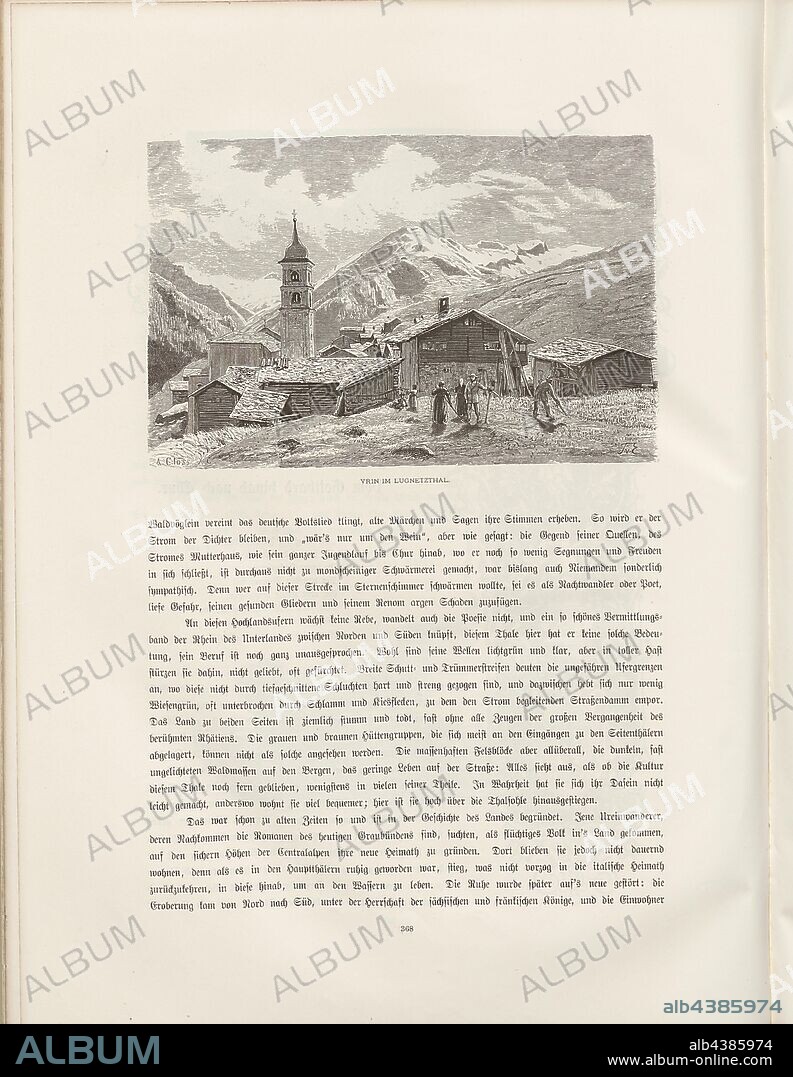 Vrin in the Lugnetthal, View of Vrin in Lumnezia from the 19th century, signed: Closs, A. X. J, T. v., E, Fig. 324, p. 368, Closs, Adolf; Eckenbrecher, Themistokles von, Woldemar Kaden: Das Schweizerland: eine Sommerfahrt durch Gebirg und Thal. Stuttgart: Engelhorn, 1875.