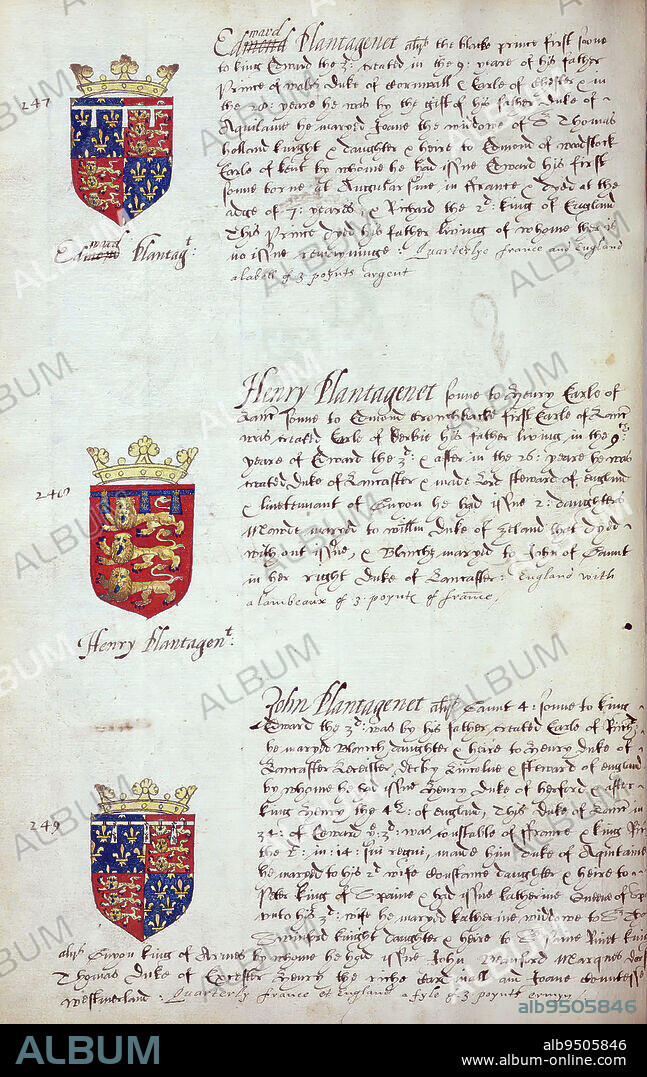 Book of English heraldry, Arms of Edward Plantagenet, Henry Plantagenet, and John Plantagenet, This book of English heraldry was completed ca. 1589. The manuscript belonged to the Spencer family, as known through inscriptions on the first few flyleaves, including the motto 'Dieu defende Le Droit' (God defends the right). This motto has long been associated with the Spencer family of England, which is the family line of Princess Diana, as well as the Spencers who were among the founders of Virginia. The Spencer family's heraldry is included in the manuscript, along with the coats of arms of numerous prominent British families, including the Hasting, Gray, Beuford, and Percye families.