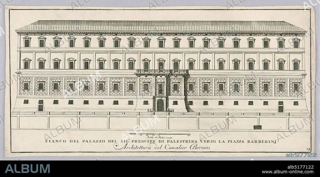 Palace of the Prince of Palestrina, Side Elevation Toward the Piazza Bernini, Rome, Giovanni Battista Falda, Italian, 1643 - 1678, Giovanni Lorenzo Bernini, 1598 1680, Engraving on paper, Rome, Italy, Europe, 17th century, Print, Print.