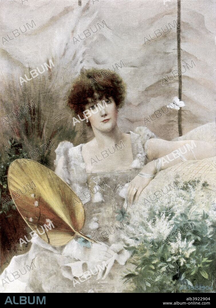 'Fedora', 1882 (1889). Believed to be a portrait of the French actress Sarah Bernhardt in the role of 'Fedora'. A print from Figaro Exposition, Simpkin, Marshall, Hamilton, Kent and Co, Limited, 4 Stationers Hall Court, London, 1889.
