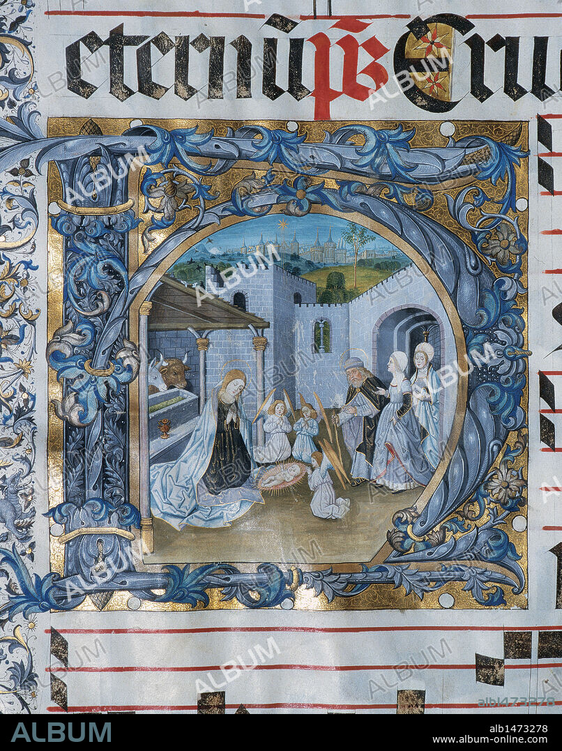 MAESTRO DE BURGO DE OSMA. "CANTORAL Nº5". Canto gregoriano. s. XV. Hacia el año 1460. Antifonario. Tiempo de Pascua. pergamino. Tamaño: 800 x 600 mm. "NACIMIENTO DE JESUS". Letra capitular "H" del folio 83v. Obra del MAESTRO DE OSMA, hacia 1460-70. Perteneciente al "Scriptorium" del Monasterio de San Jerónimo de Guijola (Soria) o procedente de la recuperación de la Desamortización (S. XIX). Archivo Capitular de El Burgo de Osma.