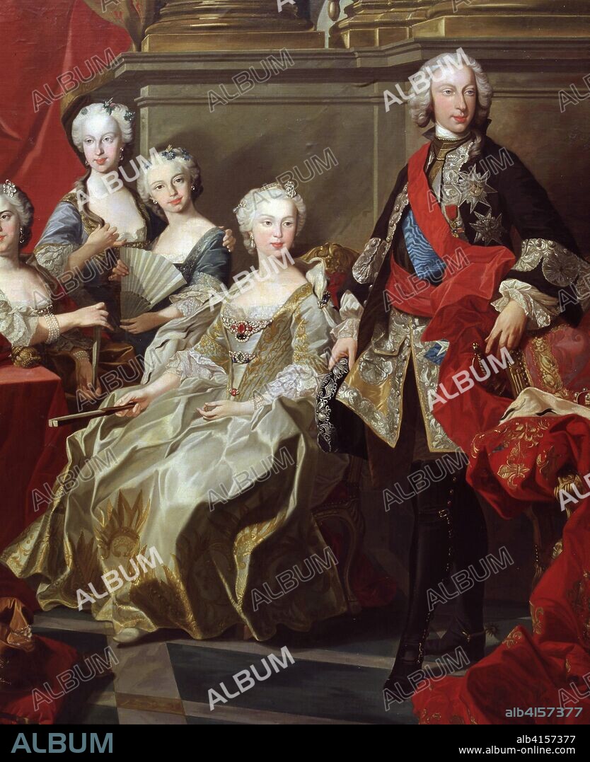 LOUIS-MICHEL VAN LOO (1707-1771). CARLOS III  REY DE ESPAÑA. MADRID 1716-1788 "LA FAMILIA DE FELIPE V" OLEO DE VAN LOO DETALLE CARLOS III Y MARIA AMALIA DE SAJONIA MUSEO DEL PRADO. MADRID.