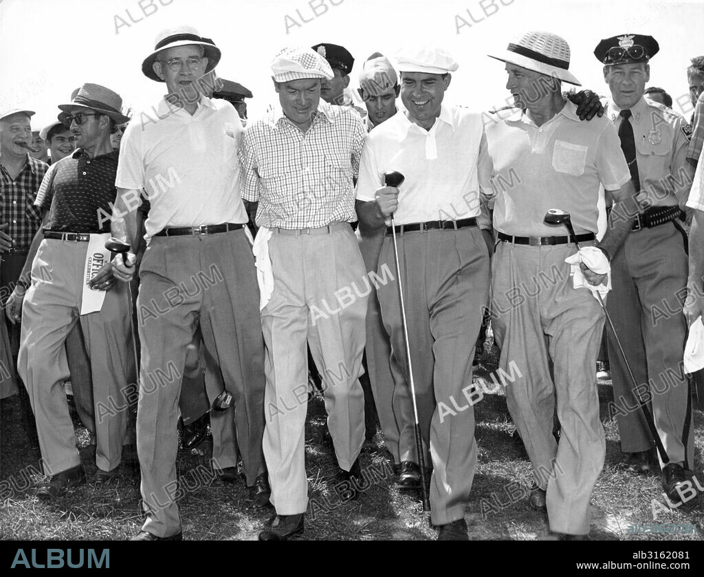 Rockville, Maryland: 1953. L-R: General Omar Bradley, Bob Hope, Vice-President Richard Nixon, and General Robert McClure at the National Celebrities Open Tournament at the Woodmont Country Club.