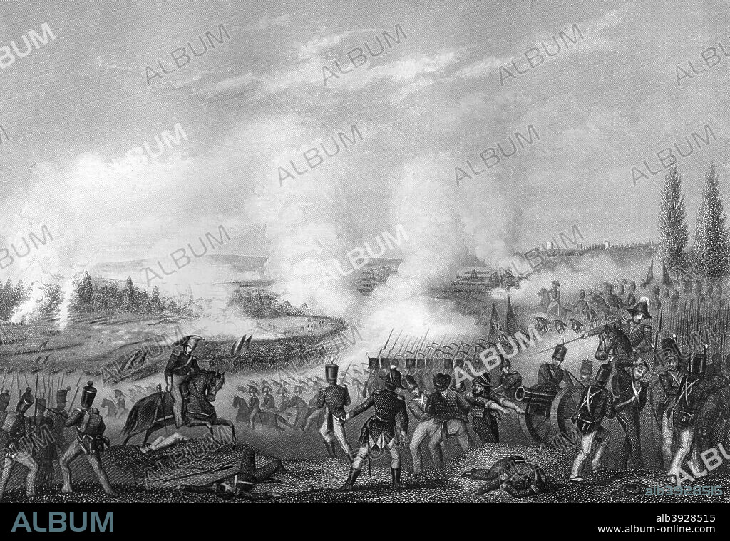 Battle of Talavera, Spain, 27-28 July 1809 (c1857). The British and Spanish army commanded by Wellington won an indecisive victory over the French commanded by Napoleon's brother Joseph Bonaparte, who Napoleon had installed on the Spanish throne. From England's Battles by Sea and Land, volume II, by Lieutenant Colonel William Freke Williams, published by the London Printing and Publishing Company, 1857.