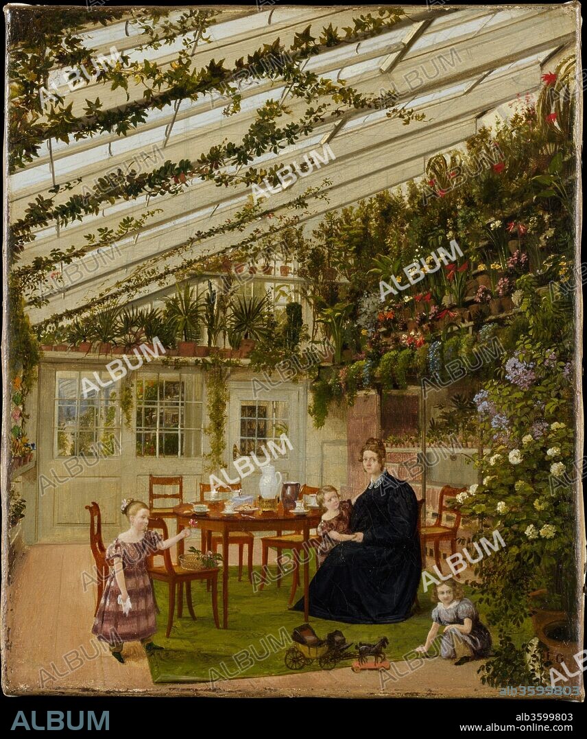 The Family of Mr. Westfal in the Conservatory. Artist: Eduard Gaertner (German, Berlin 1801-1877 Zechlin). Dimensions: 9 3/8 x 7 7/8 in. (23.8 x 20 cm). Date: 1836.

This light-filled conservatory belonged to the prosperous Berlin wool merchant Christian Carl Westphal, a passionate horticulturist. The stark glass structure here serves as a Biedermeier day-room for his family. Gaertner was the preeminent painter of Berlin's grand new boulevards, but this is one of only four interior scenes he is known to have painted; it may have been owned by Westfal, who was his landlord.
