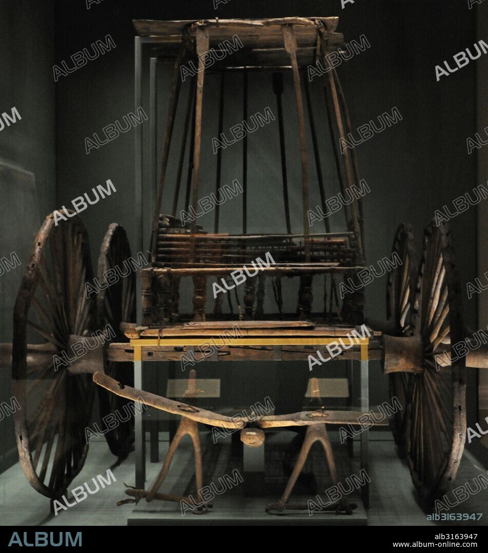 Pazyryk culture. Scythian Iron Age archaeological culture. 6th-3rd centures BC. Funeral chariot. 3 metre-high and four wheel. 5th century BC. Siberia. The State Hermitage Museum. Saint Petersburg. Russia.