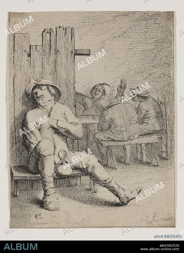 Andries Dirksz Both, Dutch, 1609-1645, after Adrian Brouwer, Dutch, 1605-1638, Sleeping Peasant on a Bench, between 1609 and 1645, etching and engraving printed in black ink on laid paper, Sheet (trimmed within plate mark): 7 × 5 3/8 inches (17.8 × 13.7 cm).