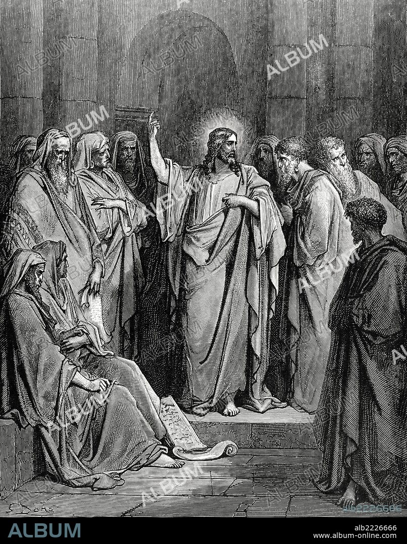 PAUL GUSTAVE DORÉ. NUEVO TESTAMENTO. JESUS EN LA SINAGOGA. Evangelio de San Lucas, Capítulo IV, Versículos 16-21. Dibujo de G. Doré, del siglo XIX.