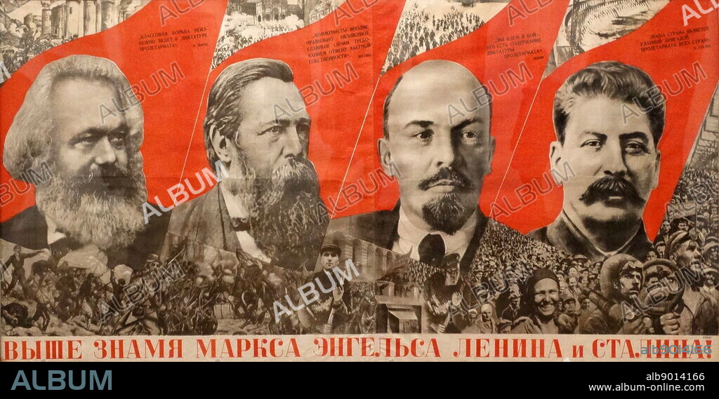 Marx, Engels, Lenin, Stalin flag more high! ' Soviet Russian, Communist, propaganda poster1933, lithograph on paper.