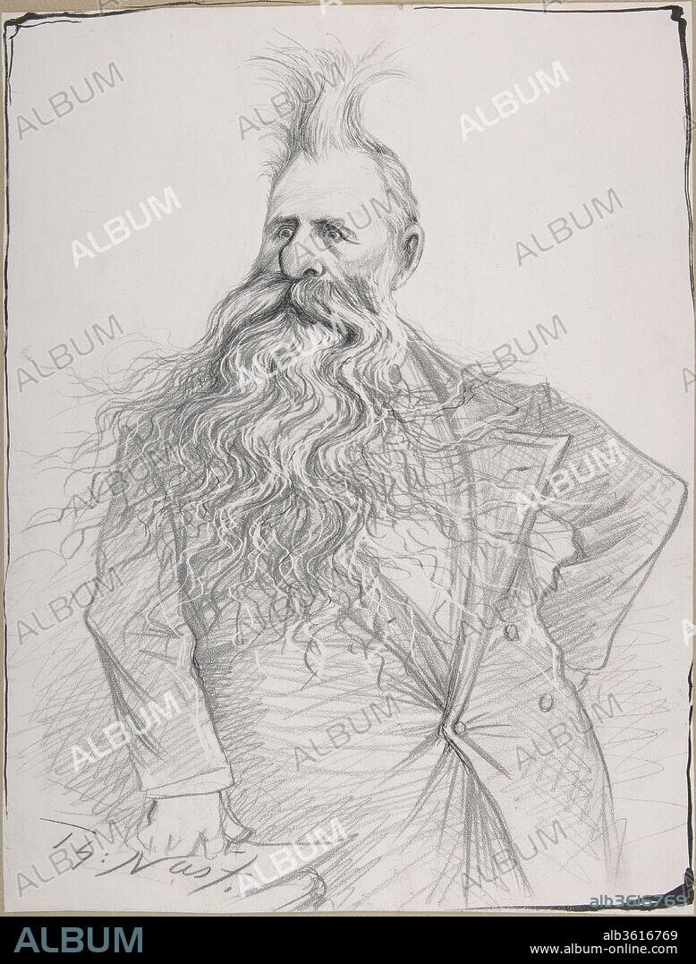 Senator Dolph of Oregon (Joseph Norman Dolph). Artist: Thomas Nast (American (born Germany), Landau 1840-1902 Guayaquil). Dimensions: sheet: 13 1/2 x 10 1/4 in. (34.3 x 26 cm). Sitter: Portrait of Joseph Norton Dolph (American, Dolphsburg, New York 1835-1897 Oregon). Date: ca. 1894.
Nast's striking caricature of the United States senator from Oregon probably dates to 1894, the year that Dolph lost his bid for a third term. The image resembles a photograph published in a Congressional directory of 1893, but Nash exaggerated the nose and brows and suggested an outsized personality by giving the long beard and hair a wild energy. As an outspoken defender of principled politicians, the artist was likely sympathetic to his subject, who was a hardworking, well-respected litigator. Nast made this drawing at a time when reliable outlets for his work had grown scarce. After severing his longtime connection to Harper's Weekly in 1886, he experienced financial difficulties. Scratchboard was used for this drawing, a support that consists of paper covered with a thin layer of clay, a medium that allows the creation of bright highlights.