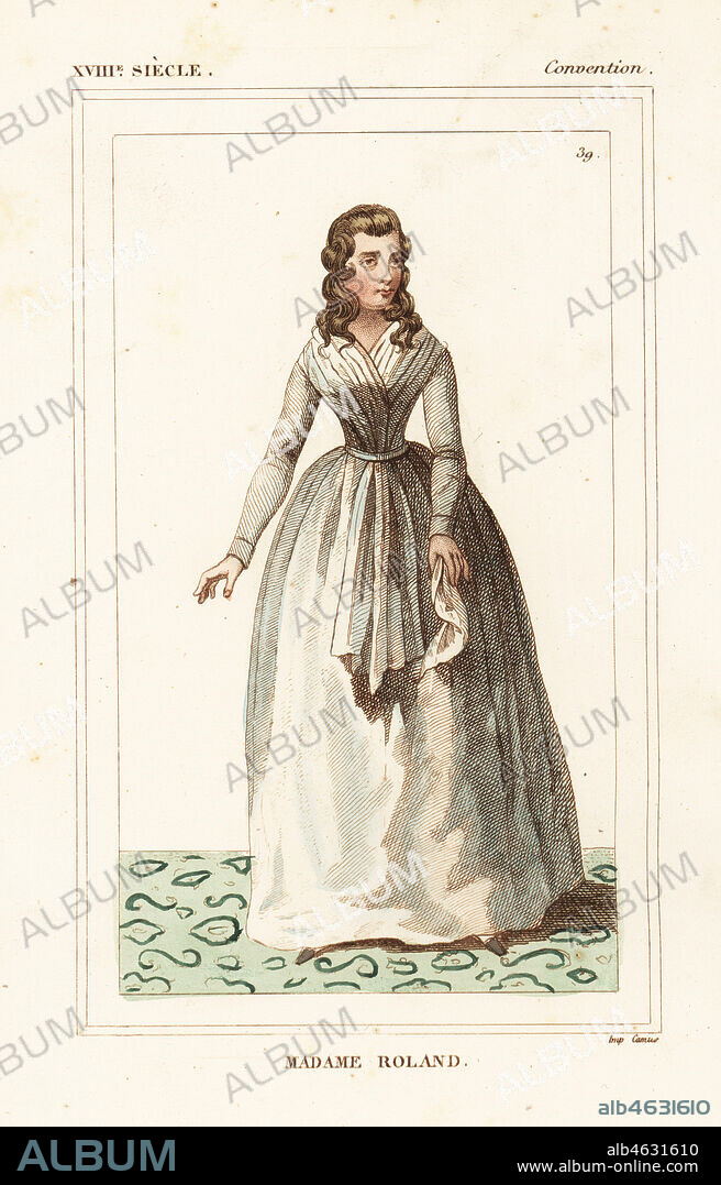 Madame Roland (Marie-Jeanne Phlippon Roland), French Revolutionary and Girondist 1754-1793. Handcoloured lithograph from Le Bibliophile Jacob aka Paul Lacroix's Costumes Historiques de la France (Historical Costumes of France), Administration de Librairie, Paris, 1852.